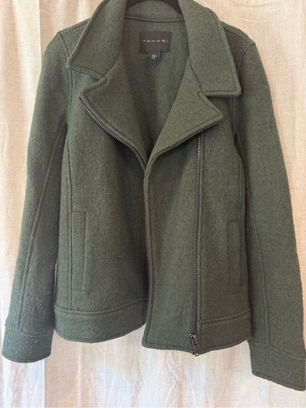 Tahari Olive Green Moto-Style Wool Blend Jacket